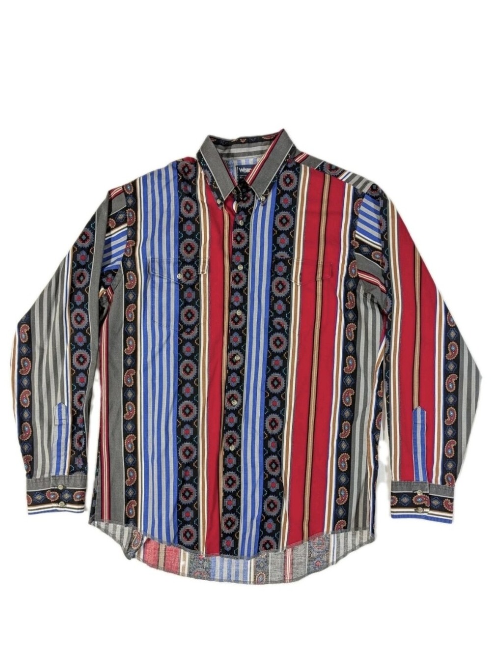 Vintage Wrangler Cowboy Cut Shirt Mens L 16.5x35 Striped Geometric Made in USA